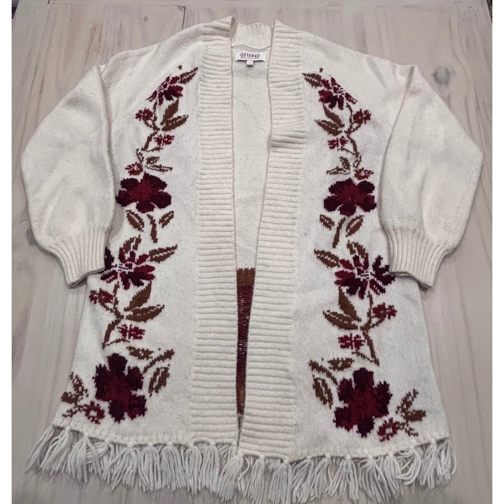 Shyanne Womens Floral Fringe Open Front‎ Cardigan Cream Western Rodeo Cowgirl S